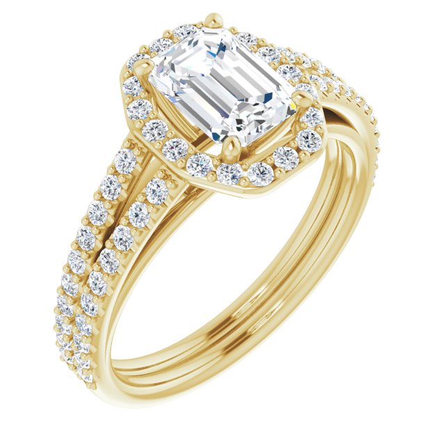 10K Yellow Gold Customizable Cathedral Emerald/Radiant Cut Design with Geometric Halo & Split Pavé Band