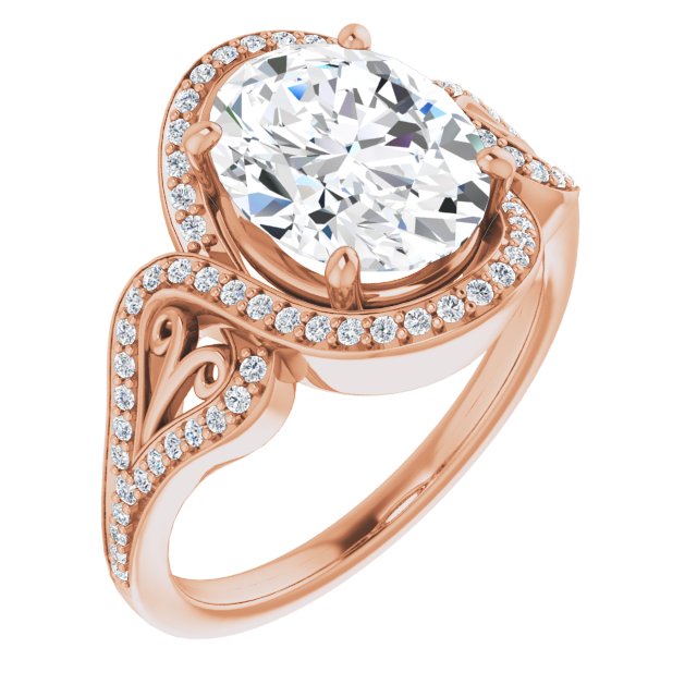 10K Rose Gold Customizable Oval Cut Design with Bypass Halo and Split-Shared Prong Band