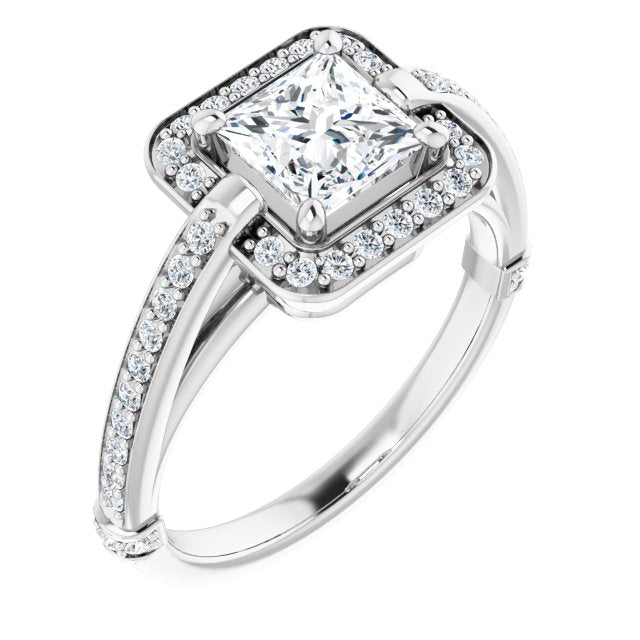 10K White Gold Customizable High-Cathedral Princess/Square Cut Design with Halo and Shared Prong Band