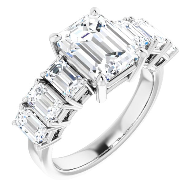 10K White Gold Customizable 7-stone Emerald/Radiant Cut Design with Large Round-Prong Side Stones