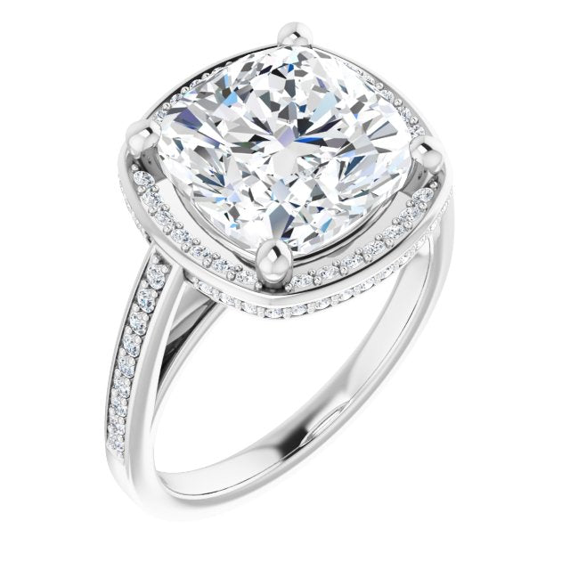 10K White Gold Customizable Cathedral-Halo Cushion Cut Design with Under-halo & Shared Prong Band