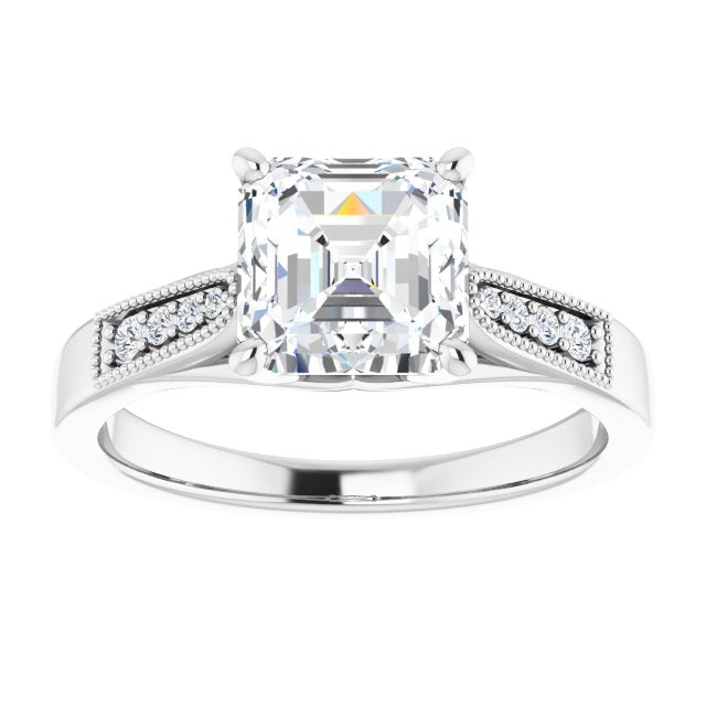 Cubic Zirconia Engagement Ring- The Ivana (Customizable 9-stone Vintage Design with Asscher Cut Center and Round Band Accents)