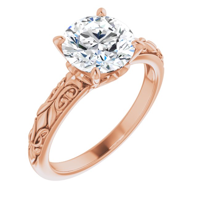 14K Rose Gold Customizable Round Cut Solitaire featuring Delicate Metal Scrollwork