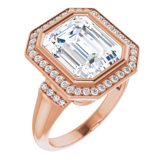 10K Rose Gold Customizable Bezel-set Emerald/Radiant Cut Design with Halo and Vertical Round Channel Accents
