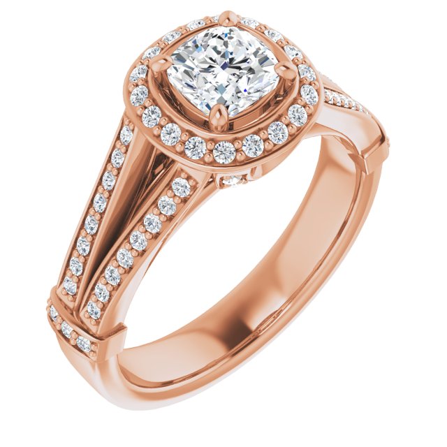 10K Rose Gold Customizable Cushion Cut Setting with Halo, Under-Halo Trellis Accents and Accented Split Band