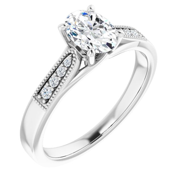 10K White Gold Customizable 9-stone Vintage Design with Oval Cut Center and Round Band Accents