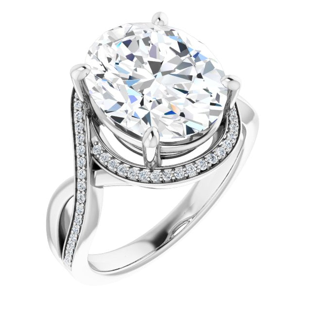 10K White Gold Customizable Bypass-Halo-Accented Oval Cut Center with Twisting Split Shared Prong Band