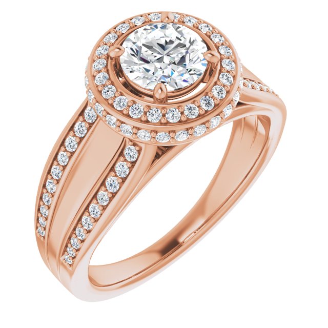 10K Rose Gold Customizable Halo-style Round Cut with Under-halo & Ultra-wide Band