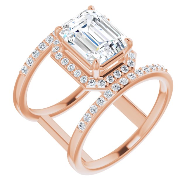 10K Rose Gold Customizable Emerald/Radiant Cut Halo Design with Open, Ultrawide Harness Double Pavé Band