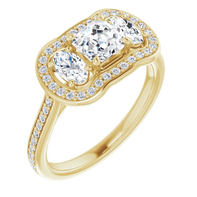 10K Yellow Gold Customizable Asscher Cut Style with Oval Cut Accents, 3-stone Halo & Thin Shared Prong Band