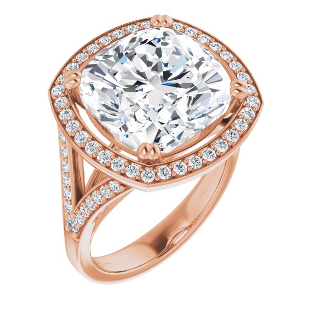 10K Rose Gold Customizable Cathedral-set Cushion Cut Style with Accented Split Band and Halo
