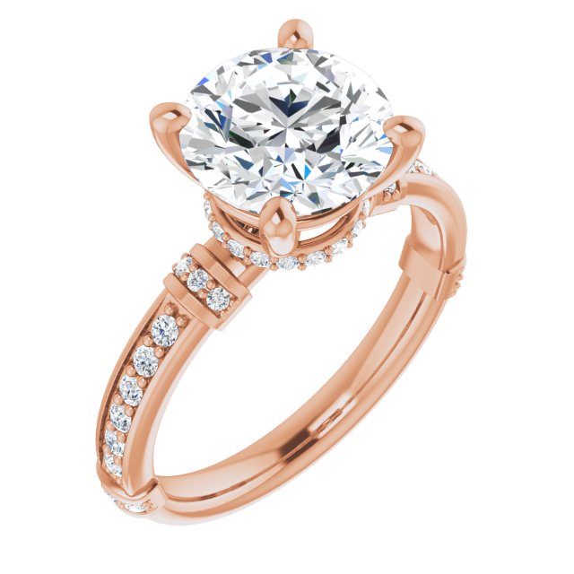 14K Rose Gold Customizable Round Cut Style featuring Under-Halo, Shared Prong and Quad Horizontal Band Accents