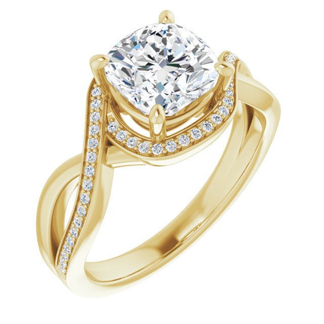 Bypass-Halo-Accented Cushion Cut Ring with Twisting Split Shared Prong ...