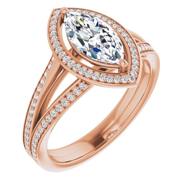 10K Rose Gold Customizable Marquise Cut Design with Split-Band Shared Prong & Halo