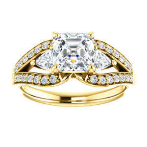 CZ Wedding Set, featuring The Karen engagement ring (Customizable Enhanced 3-stone Design with Asscher Cut Center, Dual Trillion Accents and Wide Pavé-Split Band)