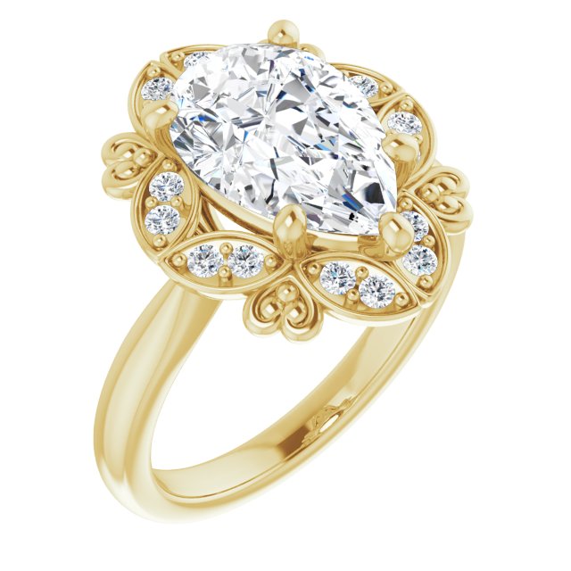 10K Yellow Gold Customizable Pear Cut Design with Floral Segmented Halo & Sculptural Basket