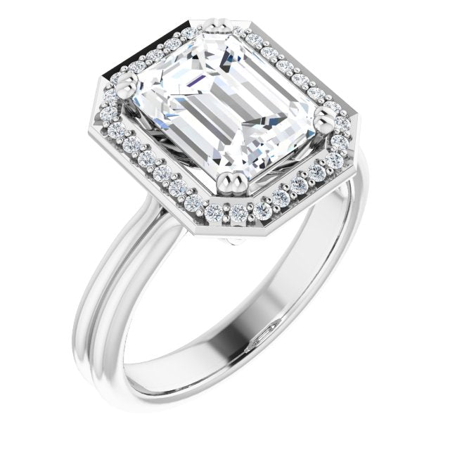 10K White Gold Customizable Emerald/Radiant Cut Style with Scooped Halo and Grooved Band