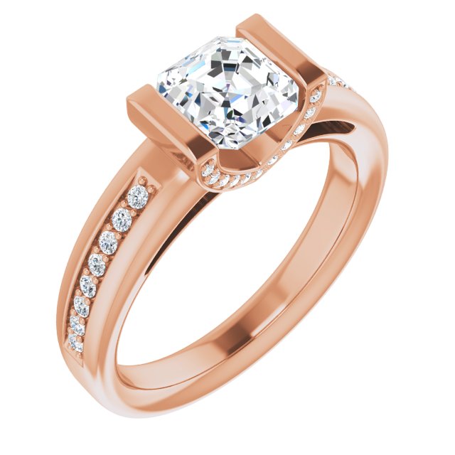 10K Rose Gold Customizable Cathedral-Bar Asscher Cut Design featuring Shared Prong Band and Prong Accents