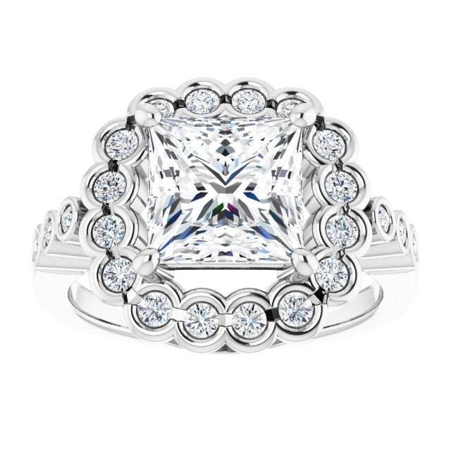 Cubic Zirconia Engagement Ring- The Berkley (Customizable Princess/Square Cut Design with Round-bezel Halo and Band Accents)