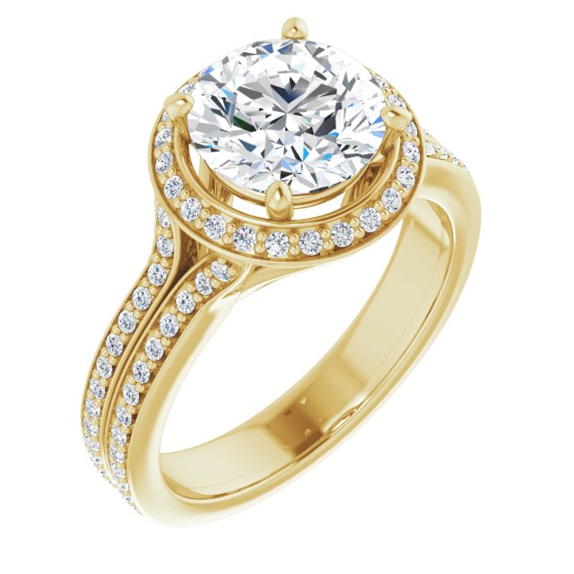 14K Yellow Gold Customizable Cathedral-raised Round Cut Setting with Halo and Shared Prong Band