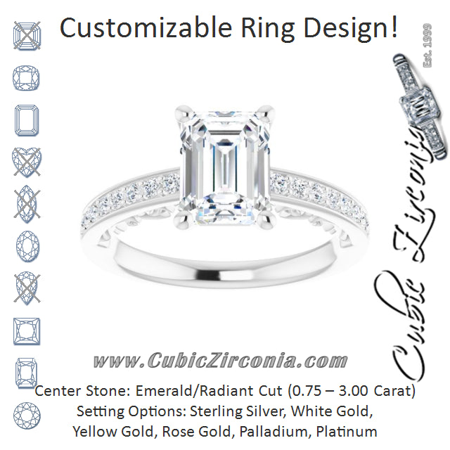 Cubic Zirconia Engagement Ring- The Eternity (Customizable Emerald Cut Design featuring 3-Sided Infinity Trellis and Round-Channel Accented Band)