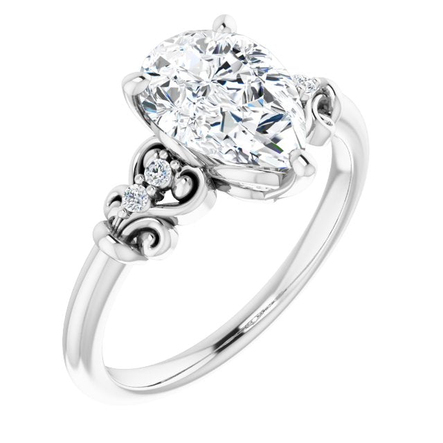10K White Gold Customizable Vintage 5-stone Design with Pear Cut Center and Artistic Band Décor