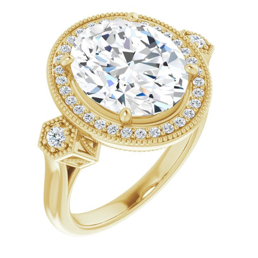10K Yellow Gold Customizable Cathedral Oval Cut Design with Halo and Delicate Milgrain