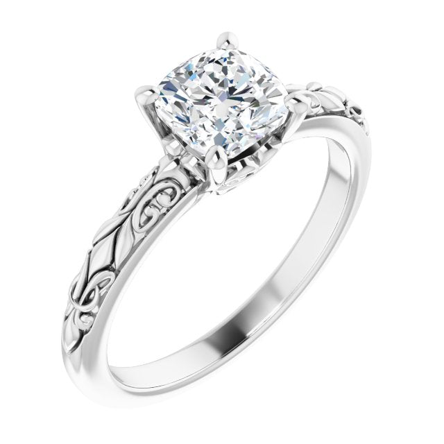 10K White Gold Customizable Cushion Cut Solitaire featuring Delicate Metal Scrollwork