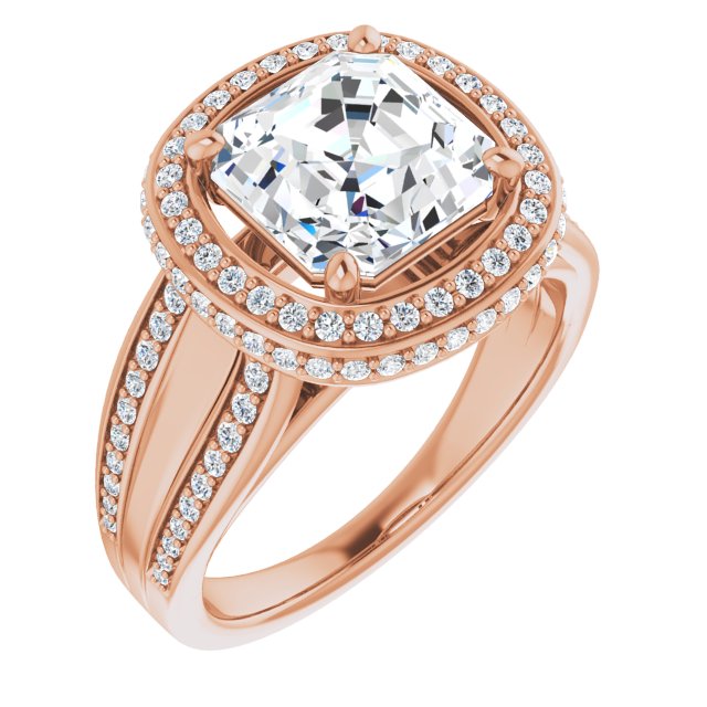 10K Rose Gold Customizable Halo-style Asscher Cut with Under-halo & Ultra-wide Band