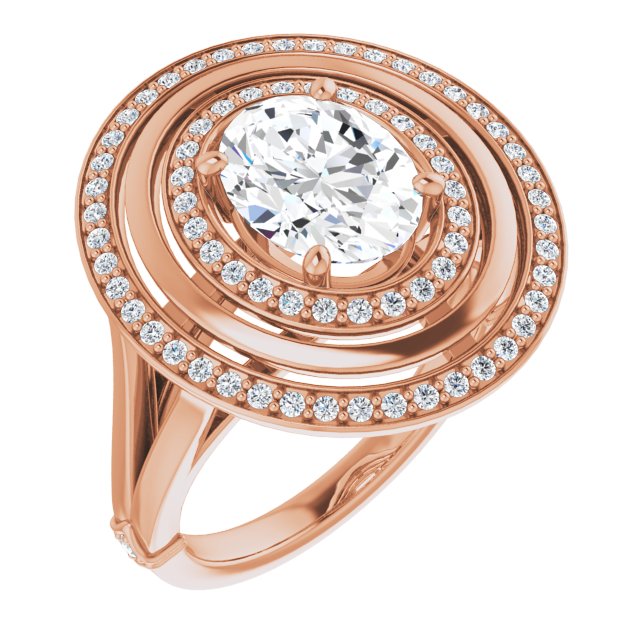 10K Rose Gold Customizable Oval Cut Oversized 2x Halo Style with Knuckle Accented Split Band