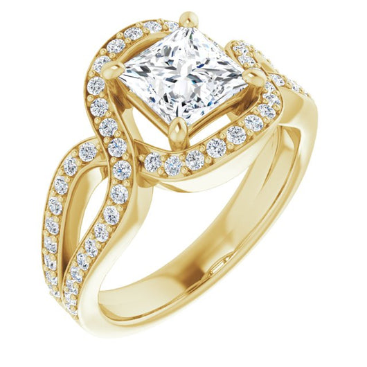 10K Yellow Gold Customizable Princess/Square Cut Center with Infinity-inspired Split Shared Prong Band and Bypass Halo
