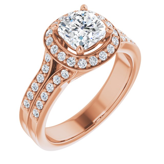 10K Rose Gold Customizable Cushion Cut Halo Style with Accented Split-Band