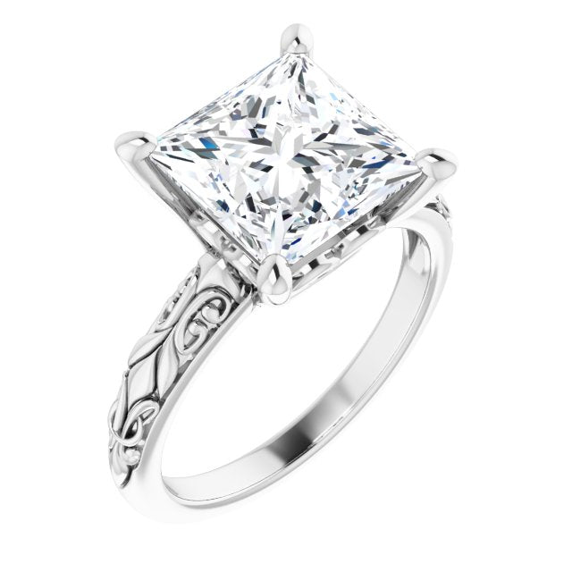 10K White Gold Customizable Princess/Square Cut Solitaire featuring Delicate Metal Scrollwork