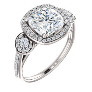 Cubic Zirconia Engagement Ring- The Téa (Cushion Cut Customizable 3-Stone Cathedral-Halo with Accented Band)