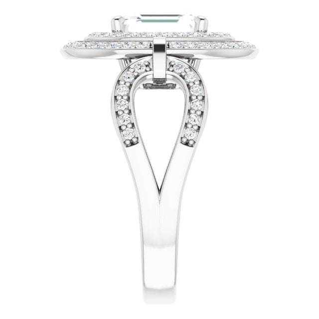 Cubic Zirconia Engagement Ring- The Daksha (Customizable Cathedral-set Emerald Cut Design with Double Halo & Accented Ultra-wide Horseshoe-inspired Split Band)