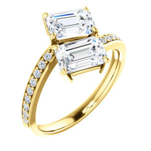 Cubic Zirconia Engagement Ring- The Phoebe (Customizable Enhanced 2-stone Double Emerald Cut Design With Round Pavé Band)