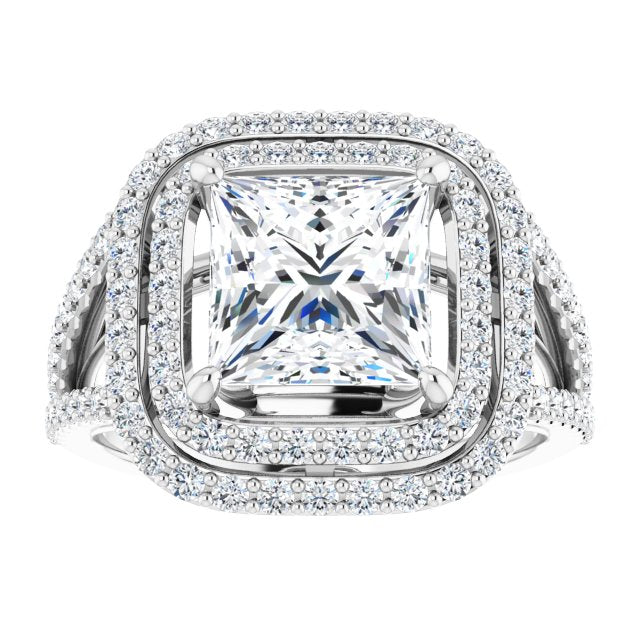 Cubic Zirconia Engagement Ring- The Carly Anne (Customizable Princess/Square Cut Design with Double Halo and Wide Split-Pavé Band)