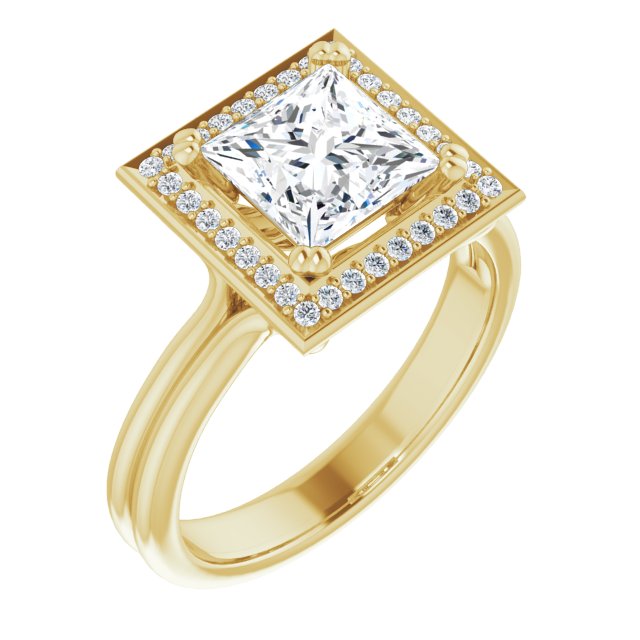 10K Yellow Gold Customizable Princess/Square Cut Style with Scooped Halo and Grooved Band