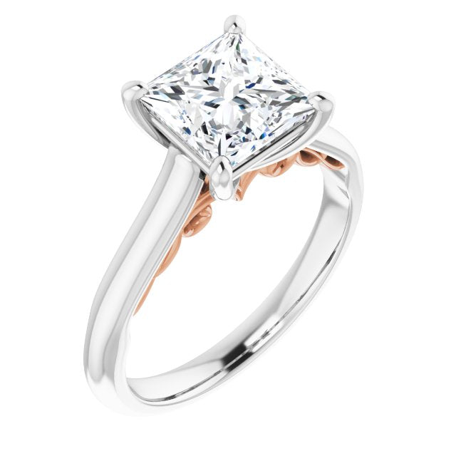 14K White & Rose Gold Customizable Princess/Square Cut Cathedral Solitaire with Two-Tone Option Decorative Trellis 'Down Under'