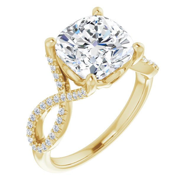 10K Yellow Gold Customizable Cushion Cut Design with Twisting Infinity-inspired, Pavé Split Band