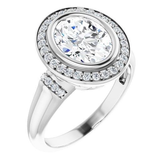 10K White Gold Customizable Bezel-set Oval Cut Design with Halo and Vertical Round Channel Accents