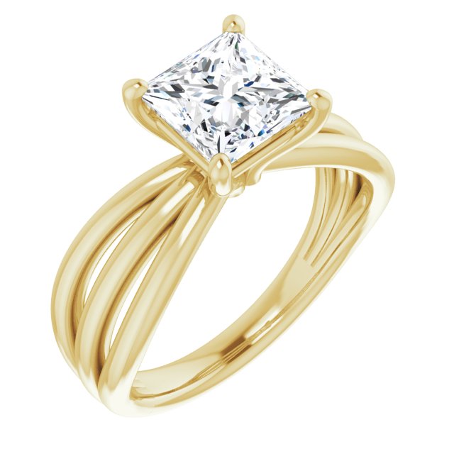 10K Yellow Gold Customizable Princess/Square Cut Solitaire Design with Wide, Ribboned Split-band