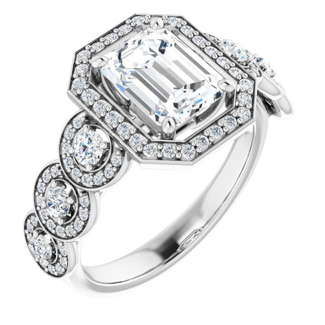 Cubic Zirconia Engagement Ring- The Emma Grace (Customizable Cathedral-set Emerald Cut 7-stone style Enhanced with 7 Halos)