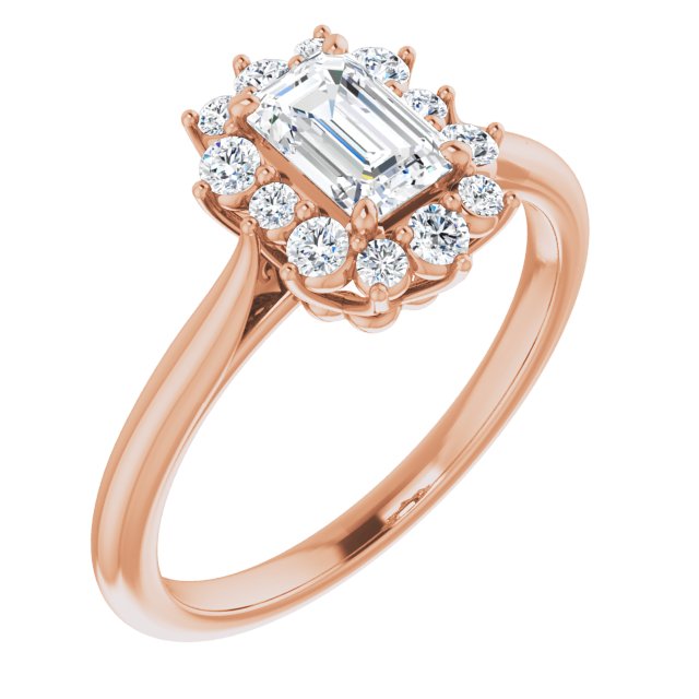 10K Rose Gold Customizable Crown-Cathedral Emerald/Radiant Cut Design with Clustered Large-Accent Halo & Ultra-thin Band