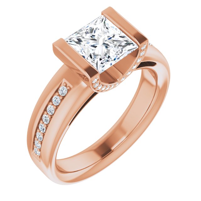 10K Rose Gold Customizable Cathedral-Bar Princess/Square Cut Design featuring Shared Prong Band and Prong Accents
