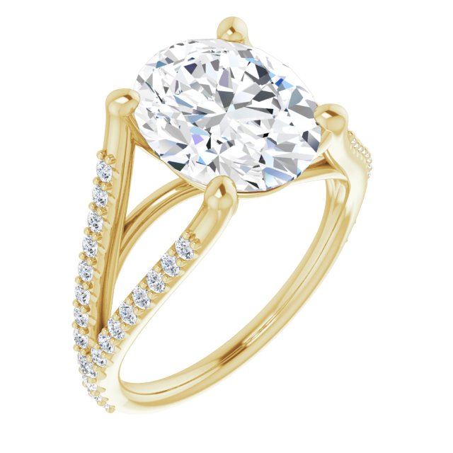 10K Yellow Gold Customizable Cathedral-raised Oval Cut Center with Exquisite Accented Split-band