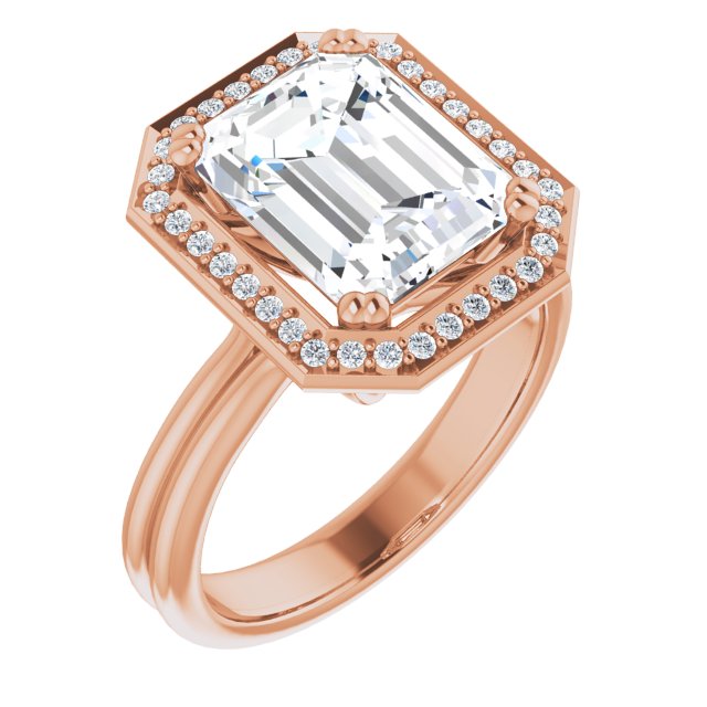 10K Rose Gold Customizable Emerald/Radiant Cut Style with Scooped Halo and Grooved Band