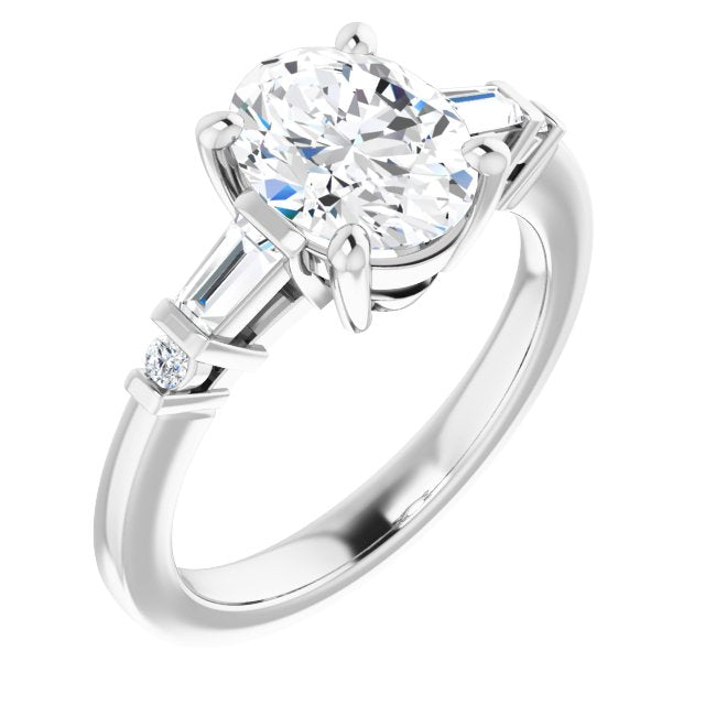 10K White Gold Customizable 5-stone Baguette+Round-Accented Oval Cut Design)