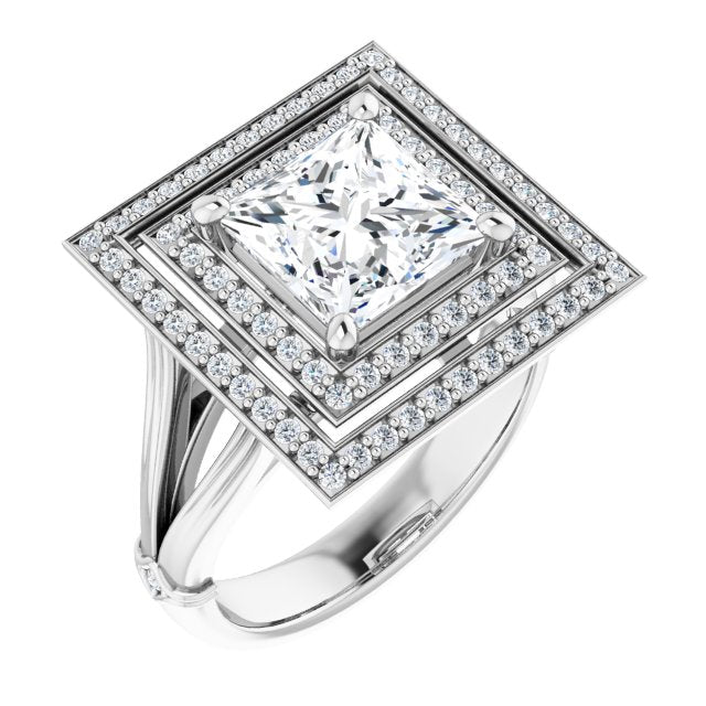 Cubic Zirconia Engagement Ring- The Cheryl (Customizable Cathedral-set Princess/Square Cut Design with Double Halo, Wide Split Band and Side Knuckle Accents)