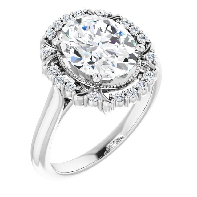 10K White Gold Customizable Oval Cut Design with Majestic Crown Halo and Raised Illusion Setting